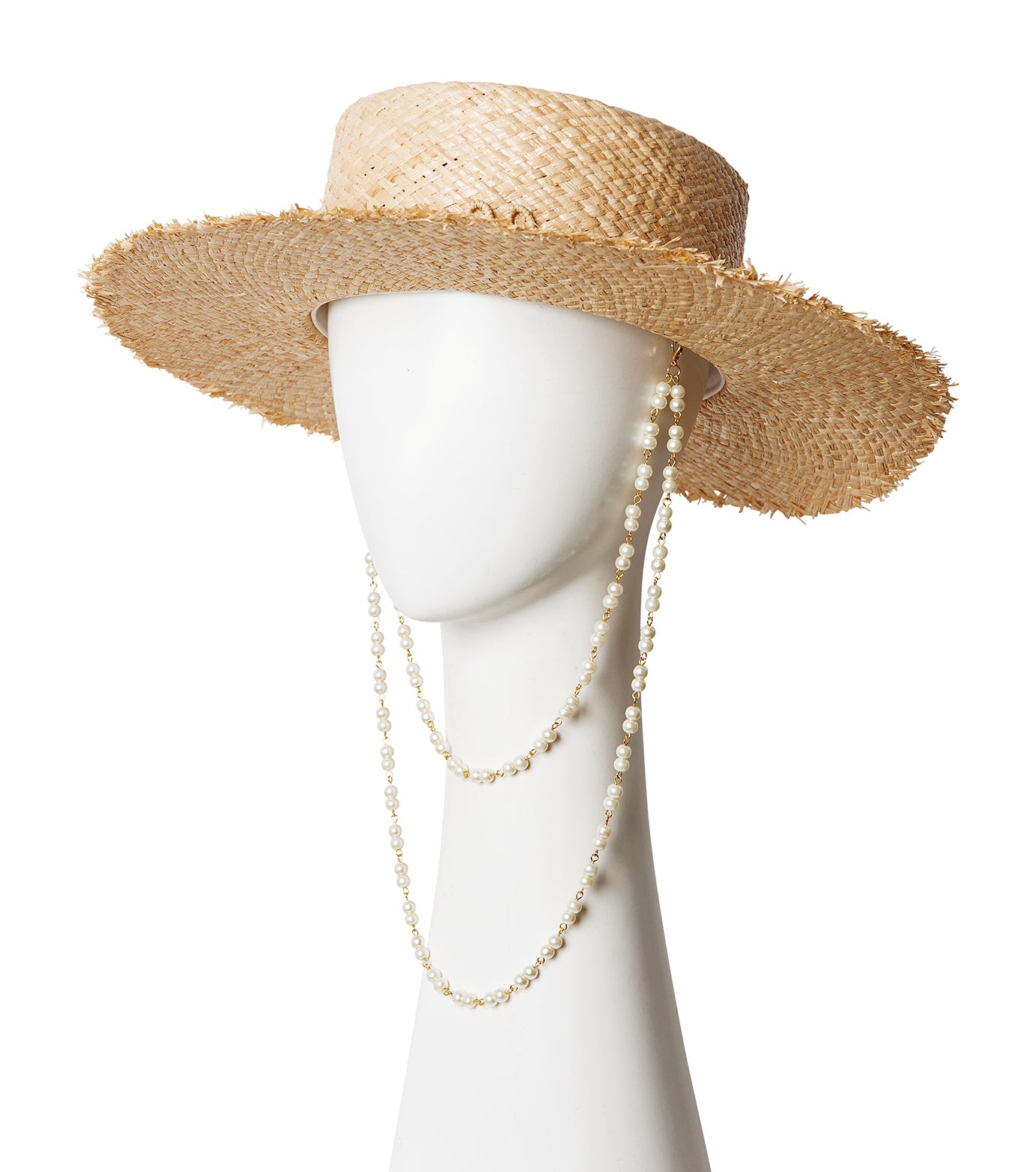 Pearl Chain Frayed Brim Canotier Hat