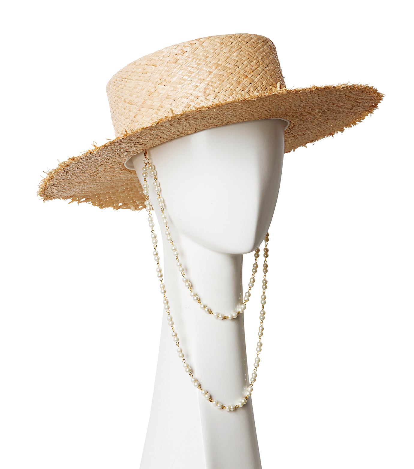 Pearl Chain Frayed Brim Canotier Hat