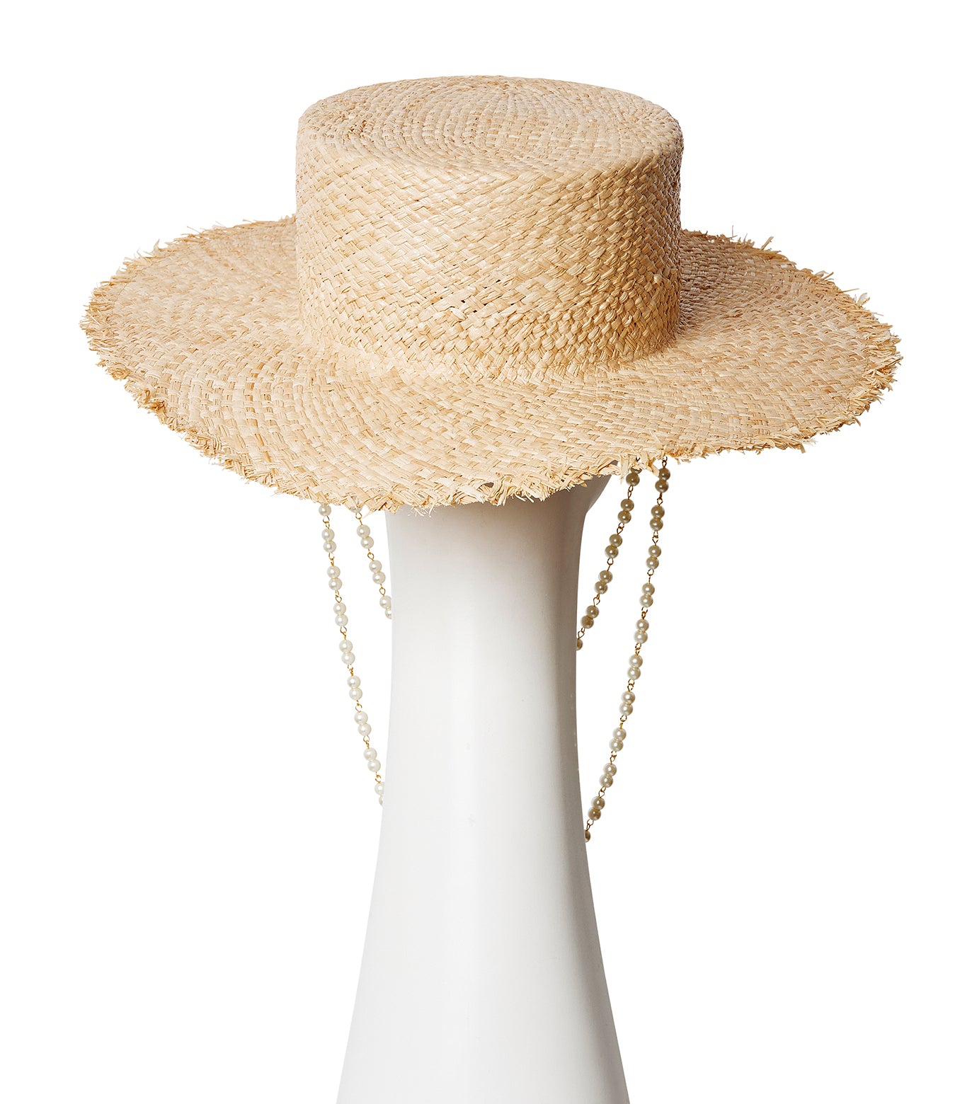 Pearl Chain Frayed Brim Canotier Hat