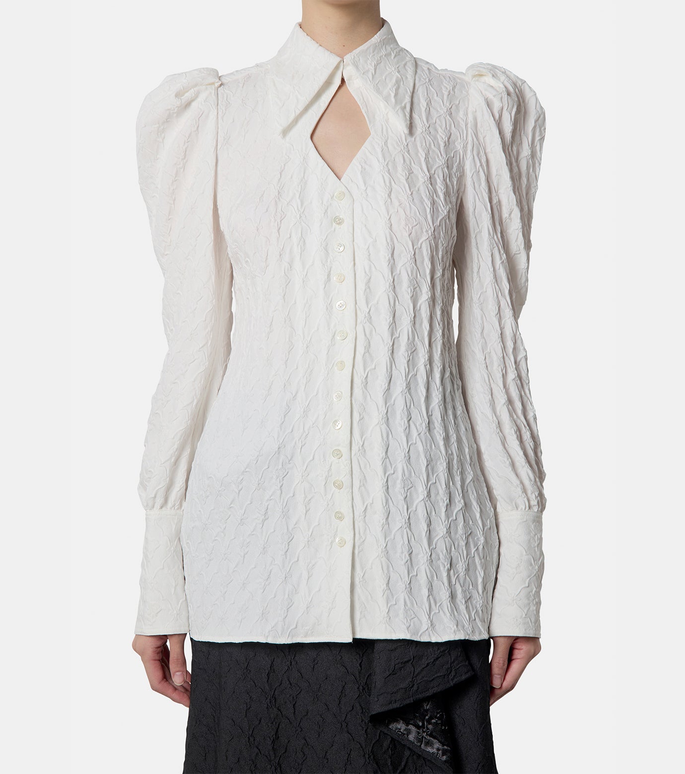 PUFF-SLEEVED FLORAL EMBOSSED SHIRT