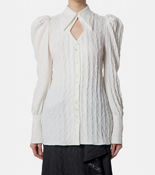 PUFF-SLEEVED FLORAL EMBOSSED SHIRT