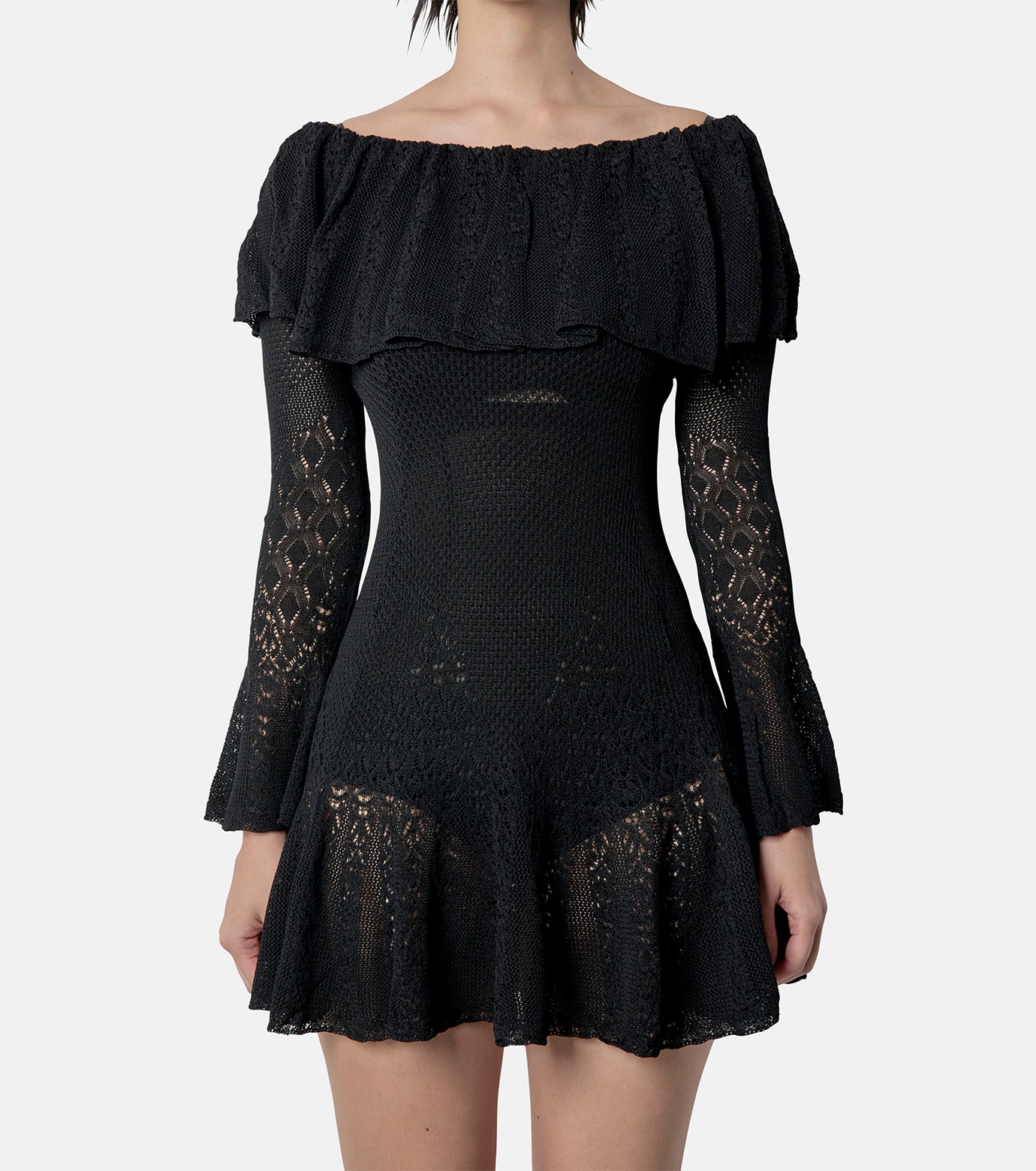 LACE KNIT OFF-SHOULDER MINI DRESS