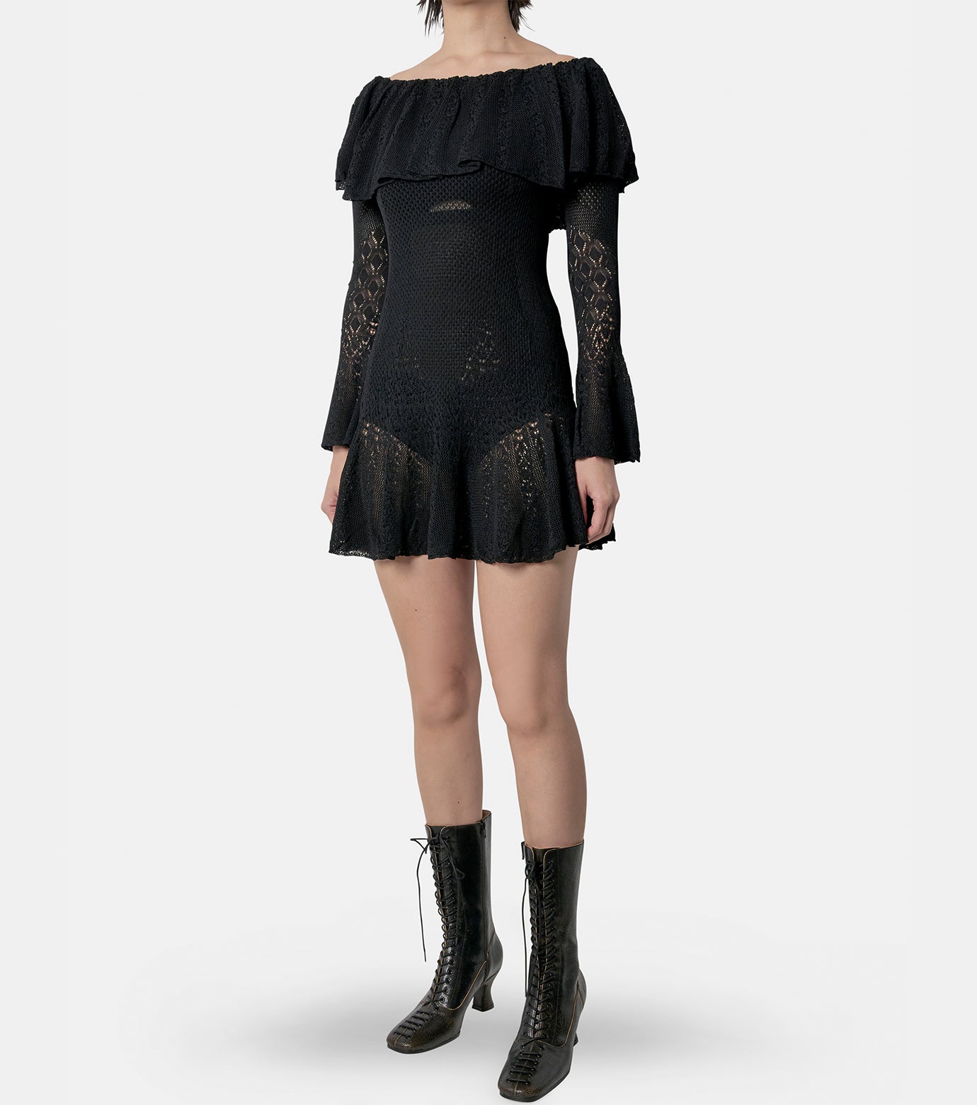 LACE KNIT OFF-SHOULDER MINI DRESS