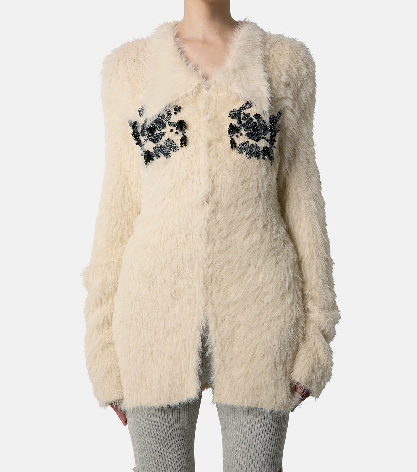 Fur Knit Bead Emb Jacket