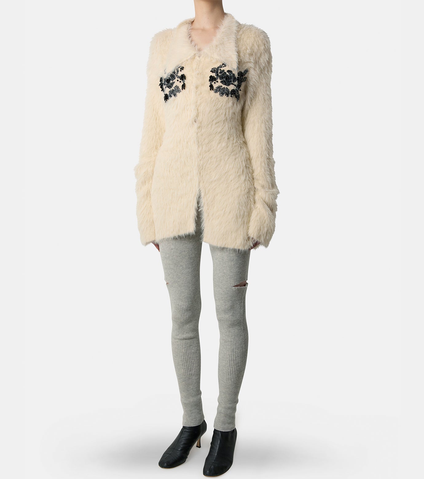 Fur Knit Bead Emb Jacket