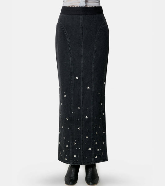 Denim Long Skirt w/Studs