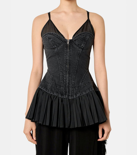 Denim Pleated  Bustier Top