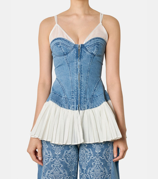 Denim Pleated  Bustier Top