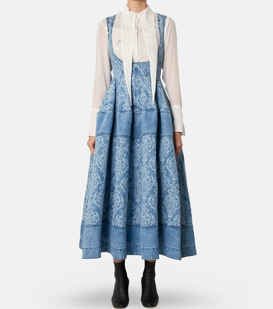 Damask-Jacquard Panelled Denim Dress