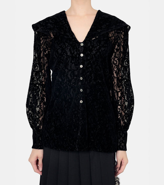 Flocked Lace Sailor Collar Blouse