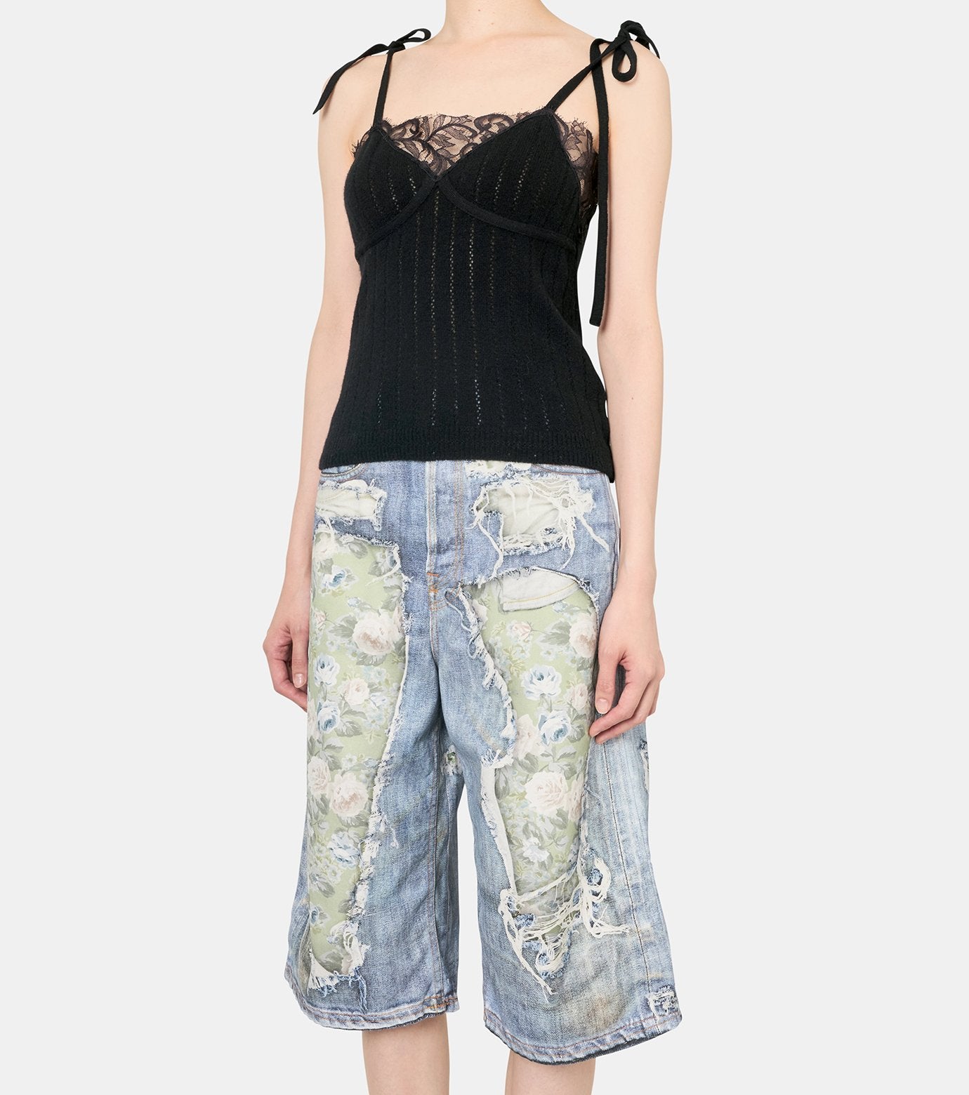 Hairy Lace Paneled Rib-Back Camisole