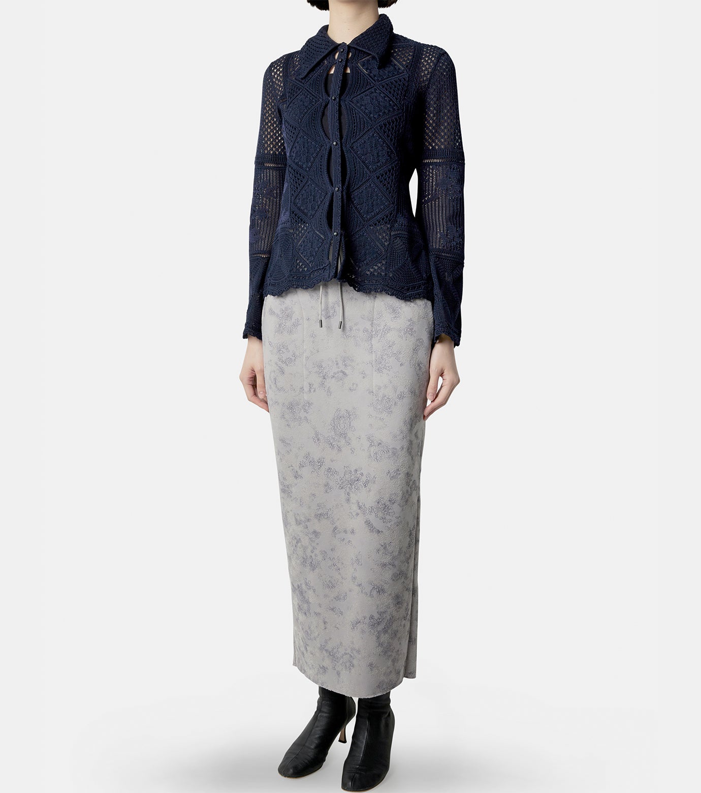 Cotton Lace Knitted Cardigan - navy マメ