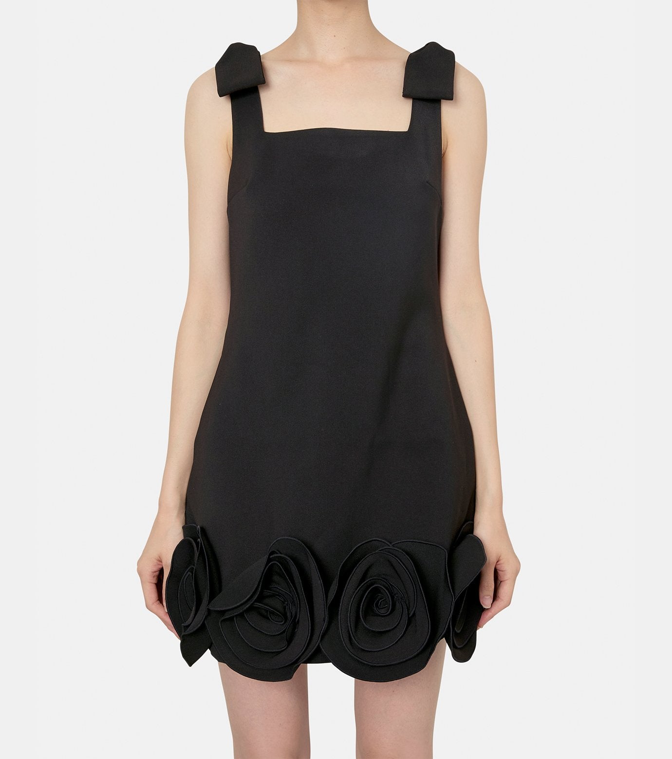 Black Crepe 3D Flower Mini Dress