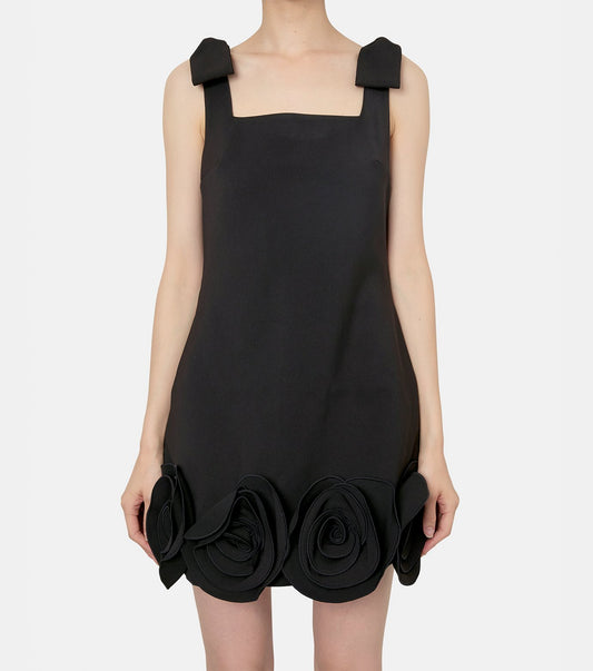 Black Crepe 3D Flower Mini Dress