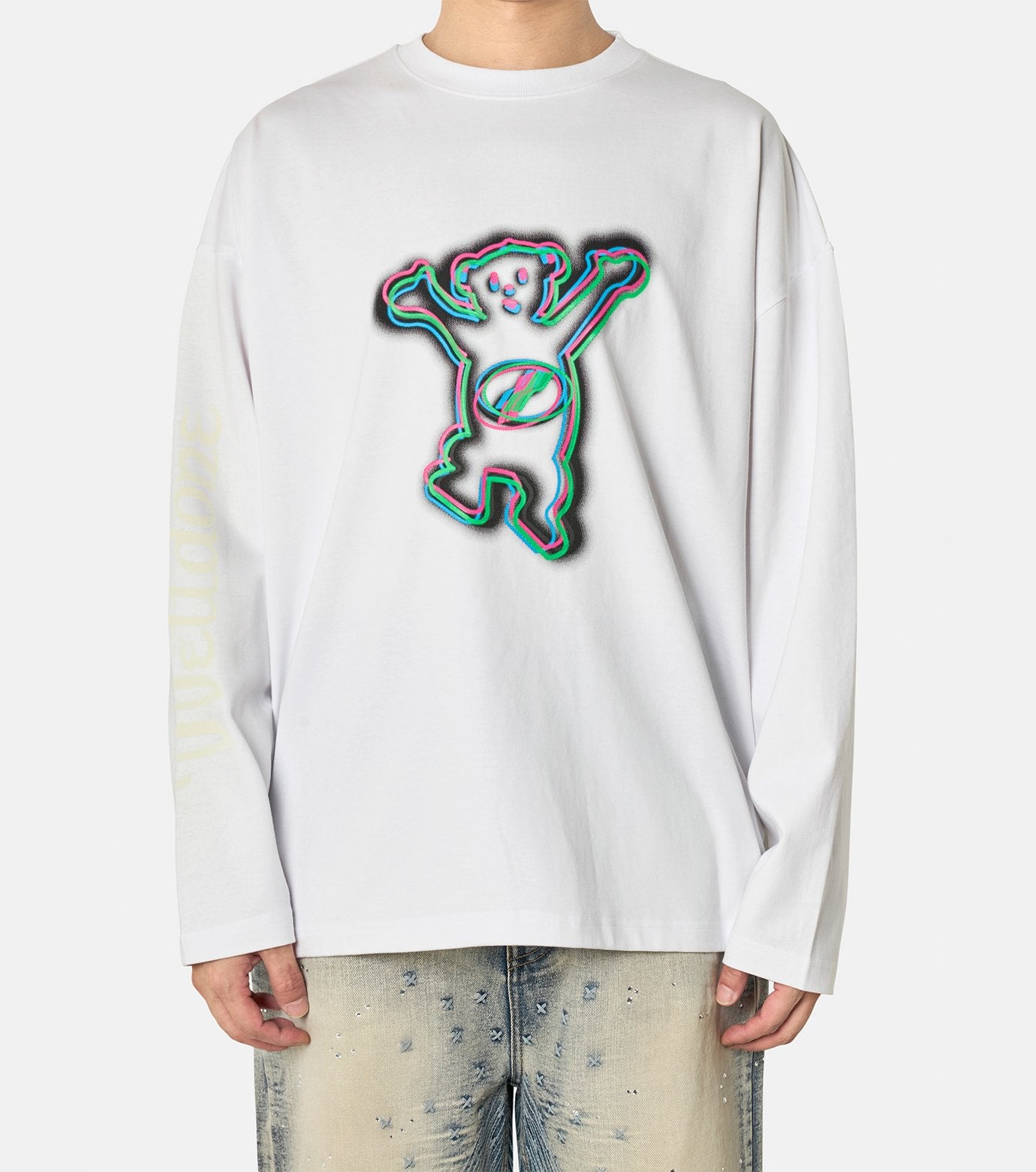 WHITE COLORFUL TEDDY PRINT LONG-SLEE