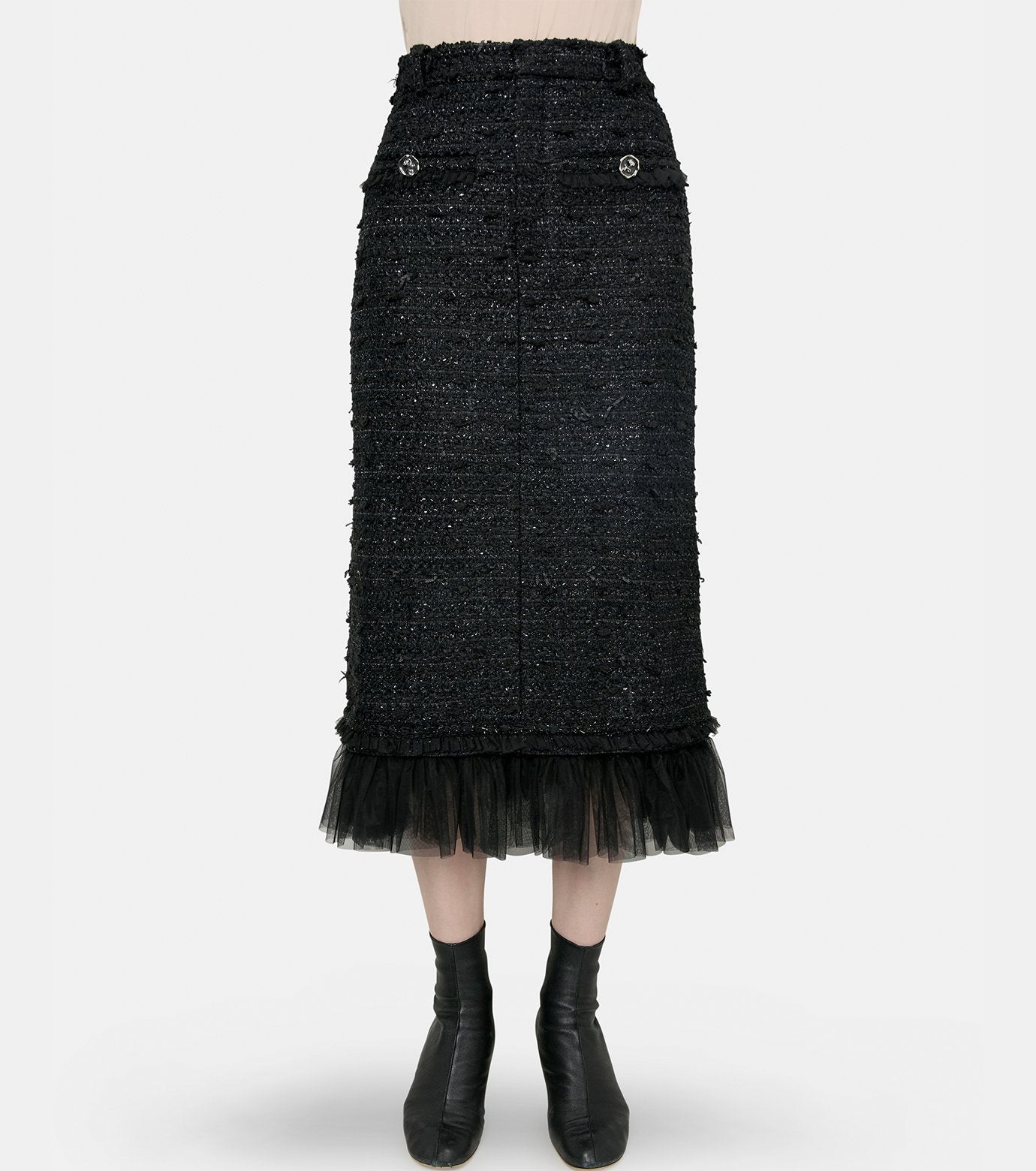 Tulle Layered Tweed Midi Skirt