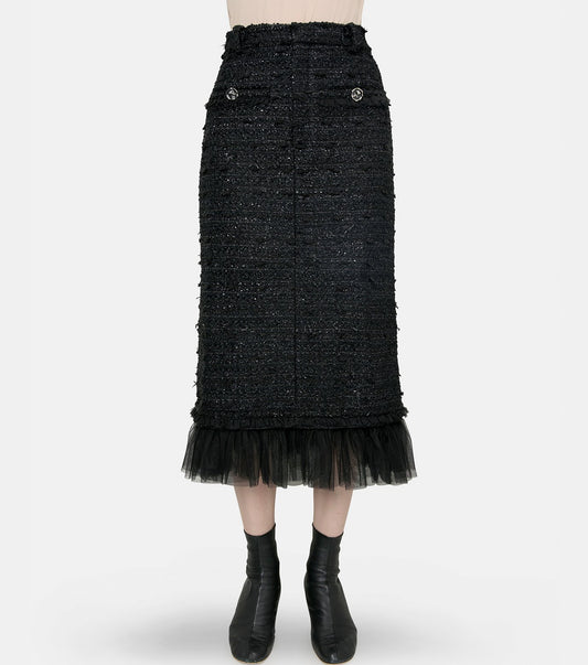 Tulle Layered Tweed Midi Skirt
