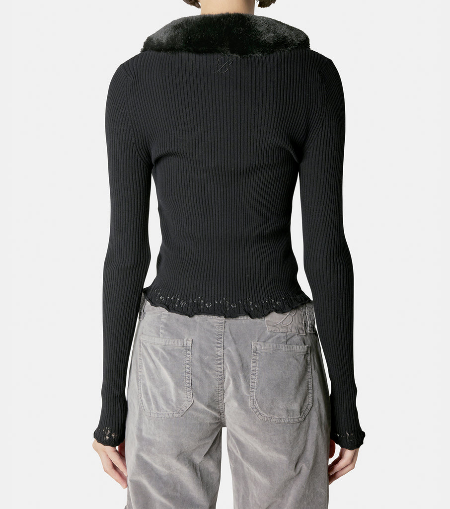 Knit Cardigan w/Faux Fur Collar
