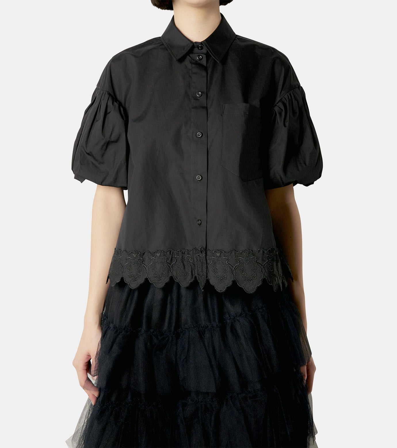 Cropped Puff Sleeve Shirt w/Trim