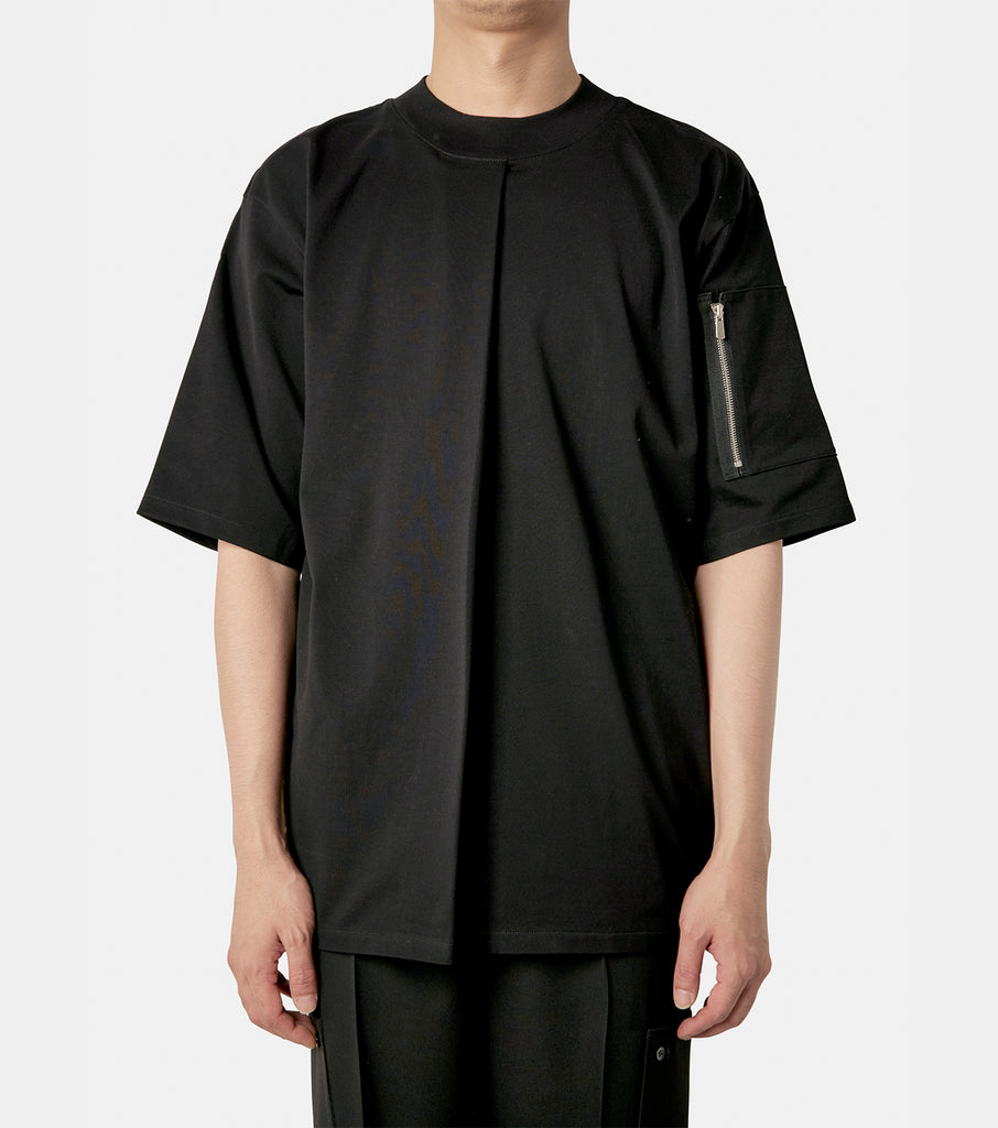 PLEATED-FRONT LEATHER&ZIP POCKET T-S