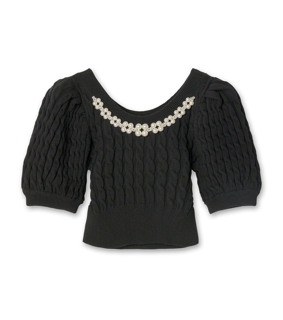 Cropped Puff Slv Open Neck Cable Top