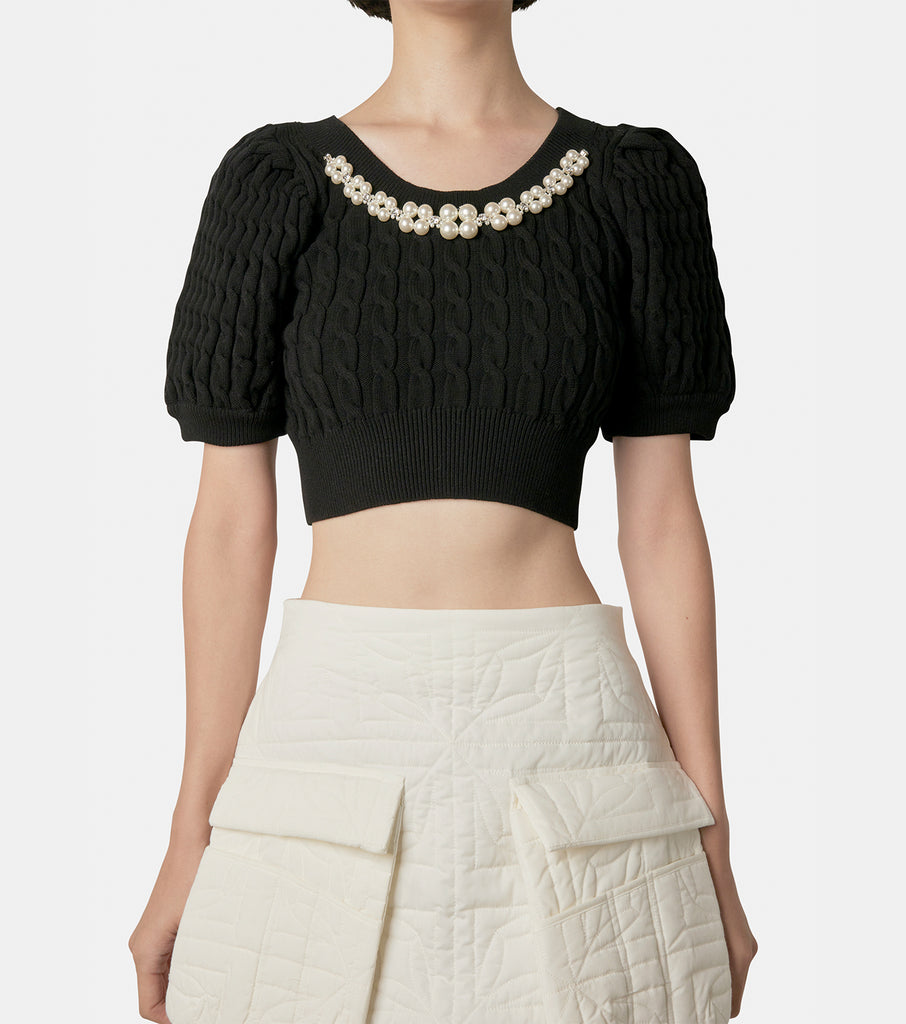 Cropped Puff Slv Open Neck Cable Top